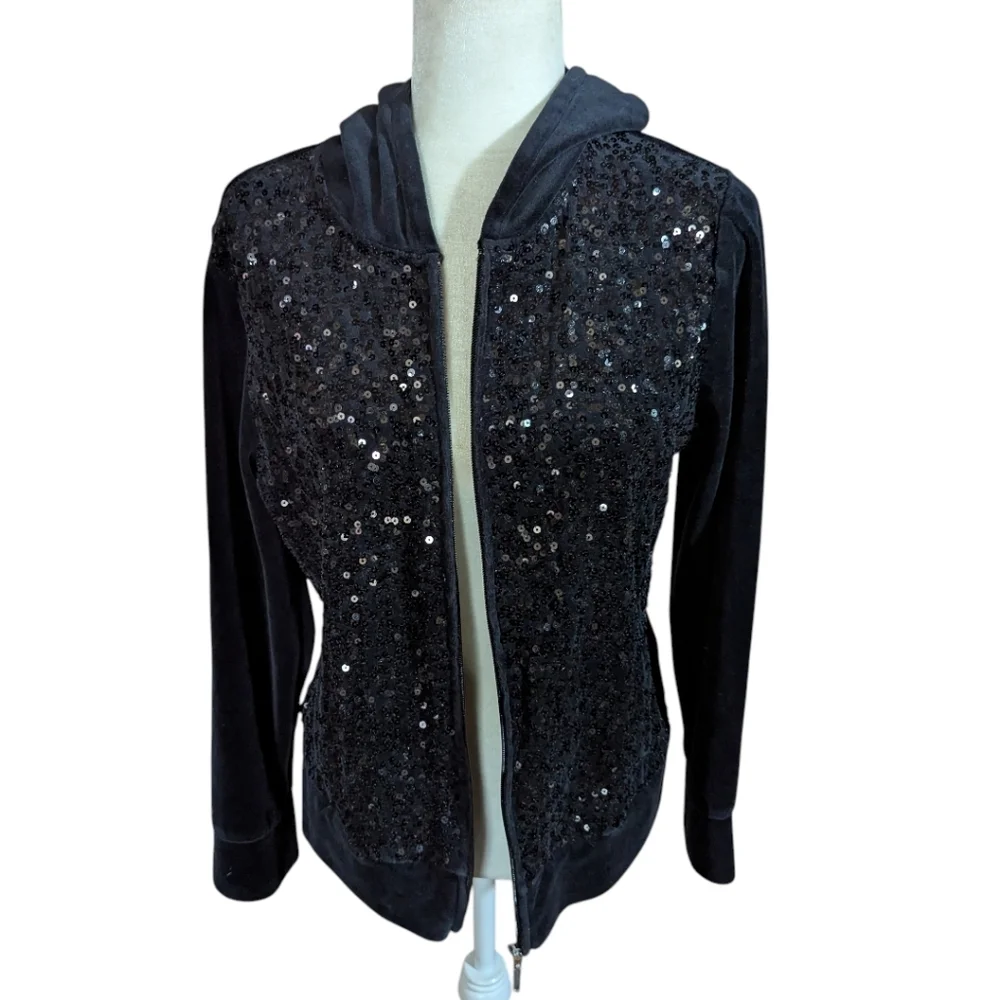 Y2K Onque Casuals Black Velour Zip Up Hooded Jacket Sparkles Sequins Front Sz L
